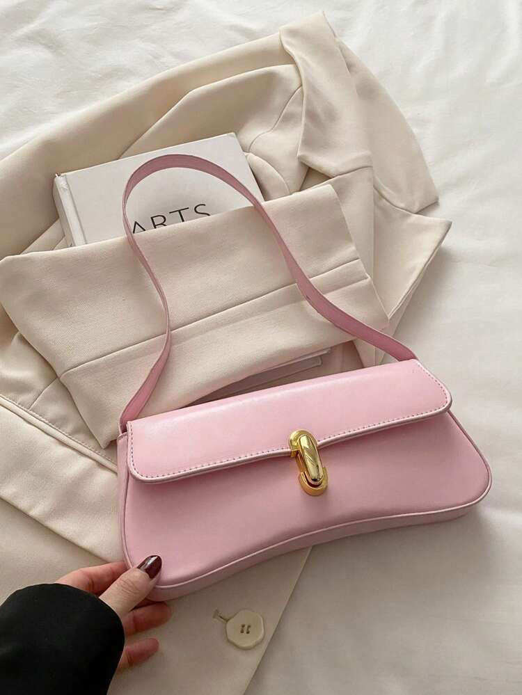 Fashionable Solid Color Metal Decor Shoulder Bag, Minimalist Elegant Style, Suitable For Shopping, Wallet, Young Women, College Students | SHEIN