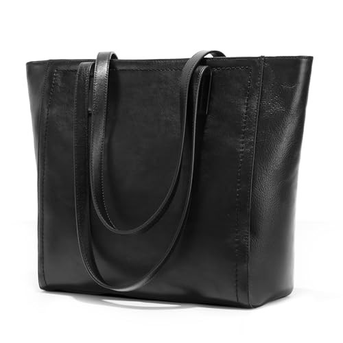 befen Genuine Leather Work Tote Bags For Women Large Tote Bag With Zipper Black Real Leather Purse With Compartment Vintage Handbags Womens Designer Shoulder And Handbags For Travel Everyday | Amazon (US)