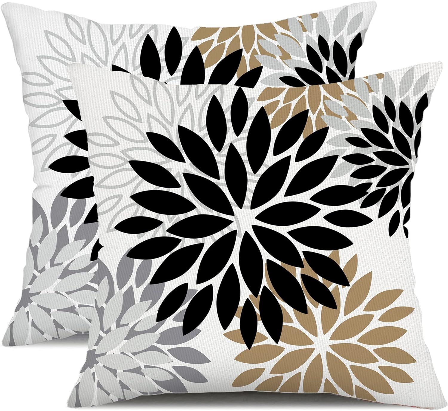Black Brown Outdoor Pillow Covers 18x18 Inch Set of 2 White Gray Flower Throw Pillows Farmhouse O... | Amazon (US)