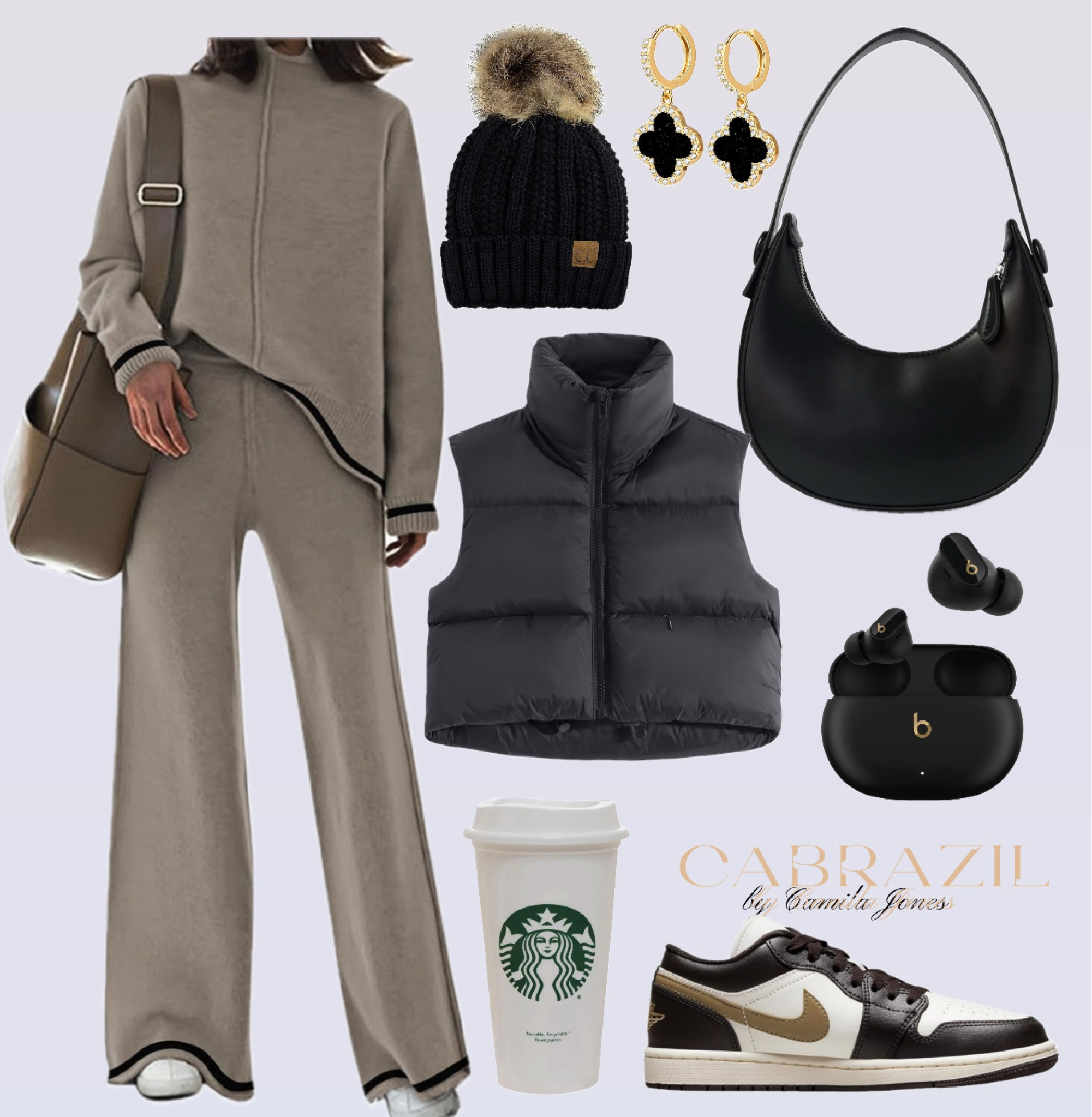Cozy outfit with black beanie, Jordan brown and black shoes, beats and a nice cup of coffee. I also love the clover earrings. 

#LTKSeasonal #LTKitbag #LTKsalealert
