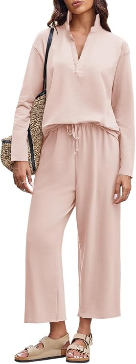 Imily Bela Womens 2 Piece Outfits Sweatsuit Long Sleeve Lapel V Neck Shirt and Wide Leg Pants 202... | Amazon (US)
