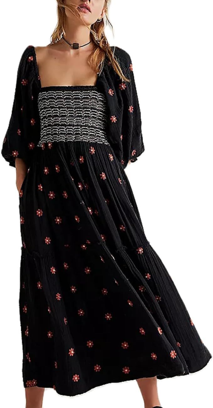Women's 2023 Bohemian Maxi Dress Floral Puff Sleeve Ruffle Swing Dress Sexy Summer Beachwear Dres... | Amazon (US)