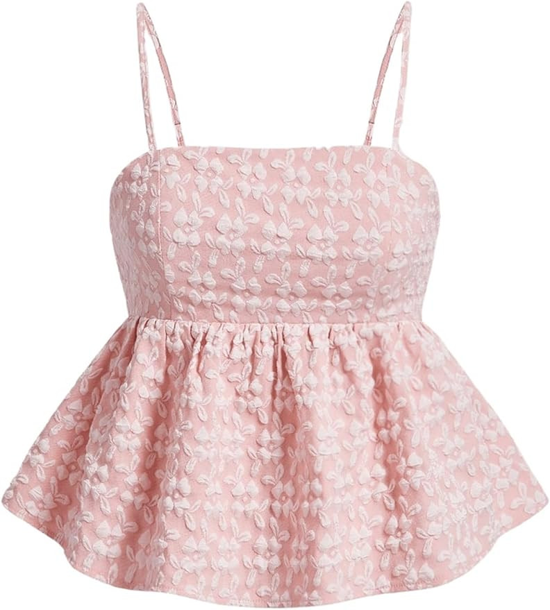 SOLY HUX Women's Spaghetti Strap Ruffle Hem Peplum Cami Top Jacquard Camisole | Amazon (US)