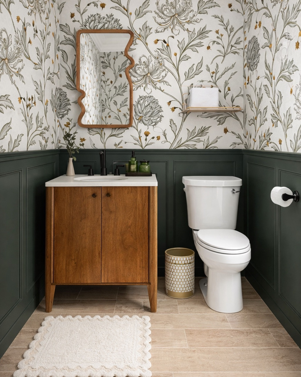 Half bathroom moodboard, I love this irregular mirror from @west elm. Beautiful vanity from @west elm as well. Affordable wallpaper from Amazon. Bath mat @Anthropologie. #homedecor #bathroom

#LTKHome #LTKSeasonal