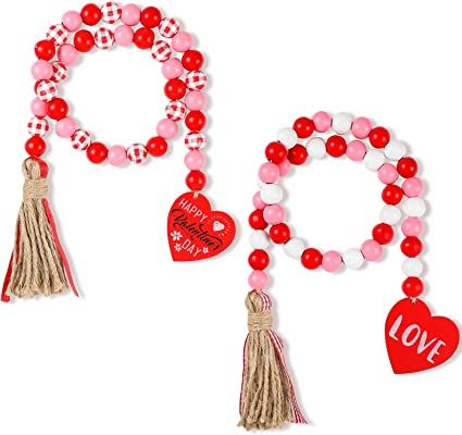 2 Pieces Valentines Day Wood Bead Garland with Tassels,Rustic Wooden Beads Garland Hanging Wooden... | Amazon (US)