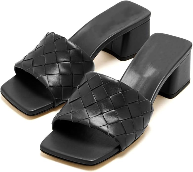 Women's Woven Block Heel Mules Sandals Square Open Toe Slip On Chunky Heel Slide Sandals for Summ... | Amazon (US)