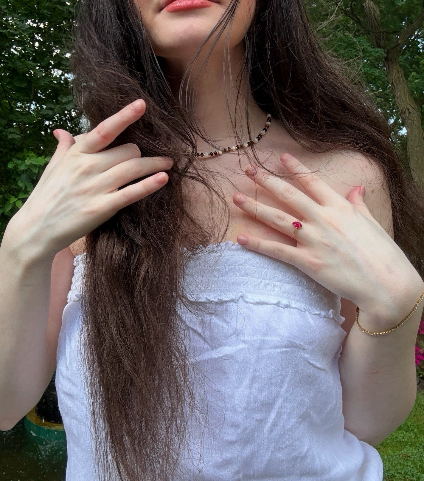 SUIHE pretty marble beaded necklace with 18K gold plated over 925 sterling silver 🖤🪽🌟 bracelet is a Mia Bijoux tennis bracelet, I linked the silver version and a lot of their other bracelets!! ring is from a local Toronto brand 🩷