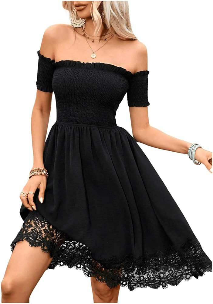 Floerns Women's Off Shoulder Short Sleeve A Line Dress Lace Trim Cowgirl Western Short Dresses | Amazon (US)