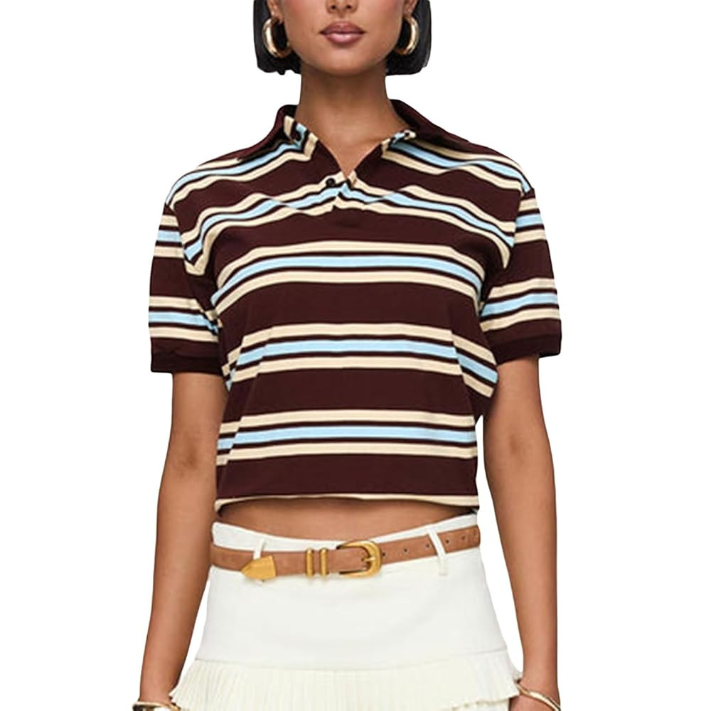 Women Y2k Polo Shirts Short Sleeve Stripe Lapel Blouse Slim Fit Color Blocked Tee Shirt Casual Sp... | Amazon (US)