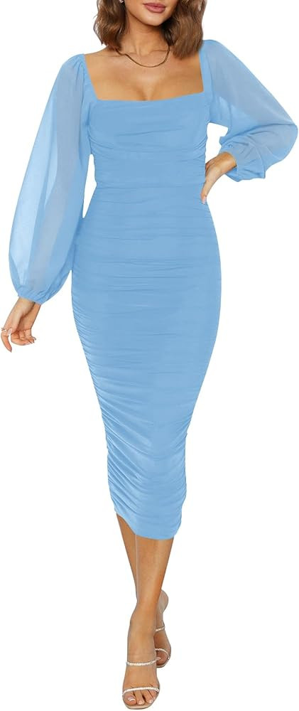 ZESICA Women's 2023 Sexy Ruched Bodycon Midi Dress Long Puff Sleeve Square Neck Backless Cocktail... | Amazon (US)