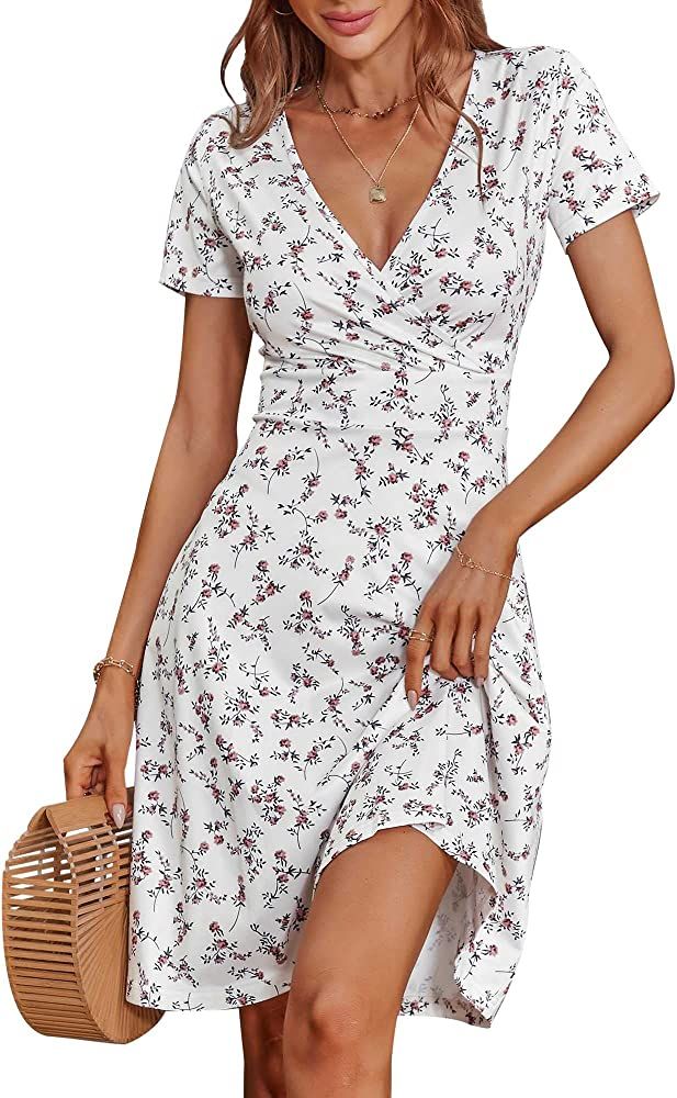 MSBASIC Womens Short Sleeve Wrap V Neck Summer Casual Midi Dress with Pockets | Amazon (US)
