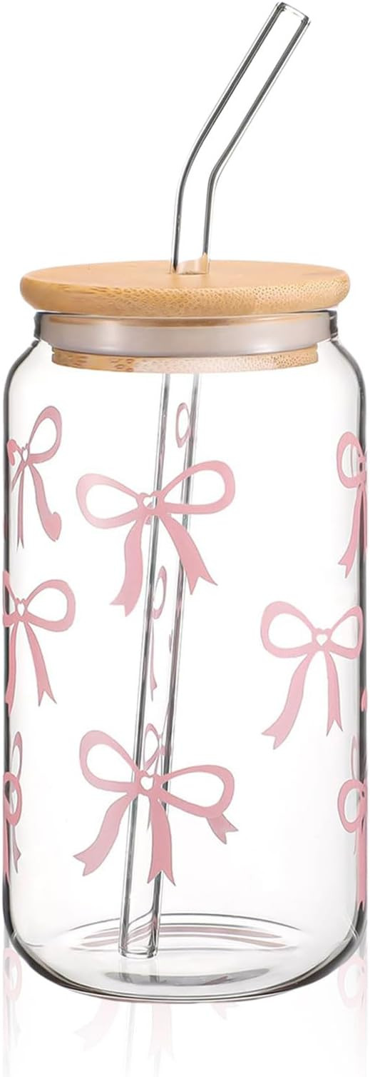 Bow Glass Mug 16 oz with Lid and Straw, Elegant Gift for Best Friend, Decorative Bow Design, Vers... | Amazon (UK)