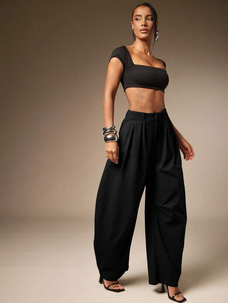 Hauture Sexy Mob Wife Party Basic Solid Charcoal Pleated Oversized Barrel Pants | SHEIN