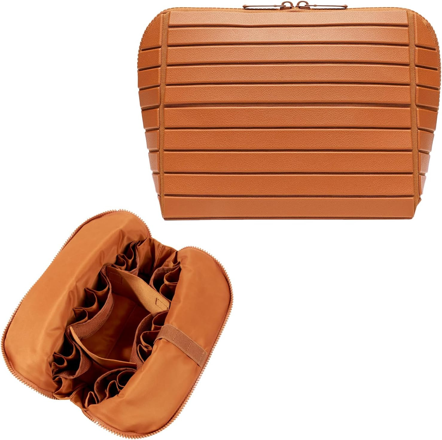 Travel Makeup Organizer Bag with Fold-Down Design and Adjustable Dividers, 27 Pockets & 3 Brush Storage Holders, Large Capacity Cosmetic Bags Toiletry Case - Brown | Amazon (US)
