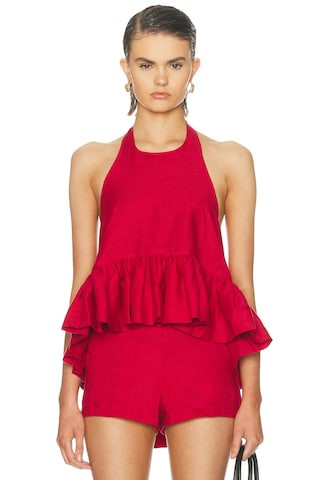 AEXAE x REVOLVE Linen Peplum Top in Red | FWRD 