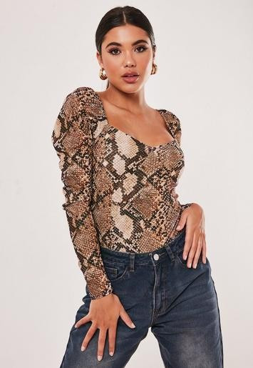 Brown Snake Print Puff Sleeve Bodysuit | Missguided (US & CA)
