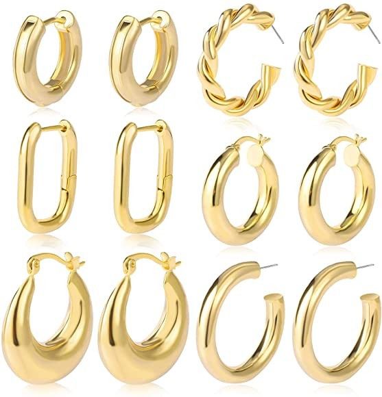 Amazon.com: 6 Pairs Gold Chunky Hoop Earrings Set for Women Hypoallergenic Thick Open Twisted Hug... | Amazon (US)