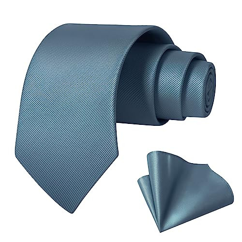 TASTION Mens Dusty Blue Tie for Men Classic Silk Necktie Solid Dark Blue Tie and Pocket Square Set Formal Business Satin Wedding Party Work Tie with Handkerchief | Amazon (US)