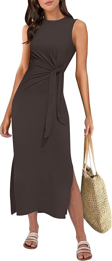 ANRABESS Womens Summer Casual Sleeveless T Shirt Midi Dress Slim Fit Tie Waist Split Tank Long Dr... | Amazon (US)