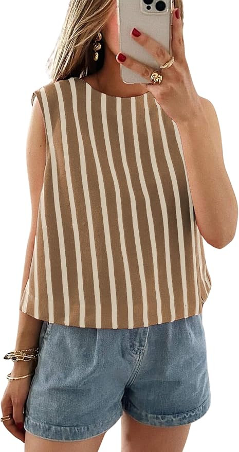 Xiaoxuemeng Womens Striped Top Sleeveless Cotton Tank Top Crewneck Casual Summer Vests | Amazon (US)