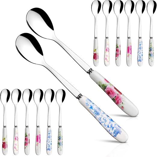 12 Pieces Chinese Flower Pattern Ceramic Handle Stainless Steel Spoon Spoon, Flowers Spoon, Sugar... | Amazon (US)