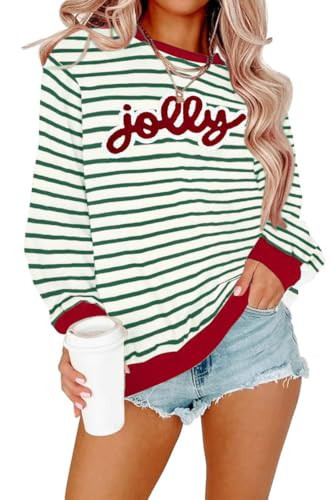 Ithalt Christmas Sweatshirt for Women Merry Sweater Embroidered Striped Crewneck Sweatshirts Holiday Long Sleeve Pullover(JGreen, Large) | Amazon (US)
