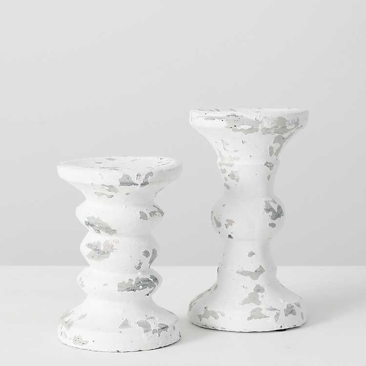 New! Distressed White Cement Candle Holders, Set of 2 | Kirkland's Home