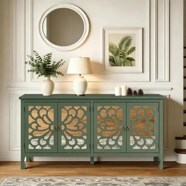 63'' Modern Buffet Cabinet with Mirrored Door and Adjustable Shelves - Green | Bed Bath & Beyond