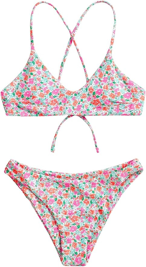 SHENHE Women's Floral Bikini Set 2 Piece Criss Cross Tie Back Low Rise Boho Swimsuits | Amazon (US)