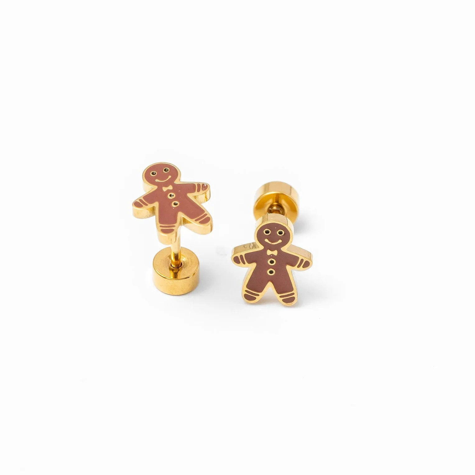 Hypoallergenic gold and enamel Gingerbread Man flatback Stud Earrings | Pip Pop Post
