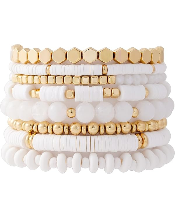 Amazon.com: GOOJIDS White Surfer Heishi Clay Bead Bracelets for Women Bohemian Stackable Gold Pla... | Amazon (US)
