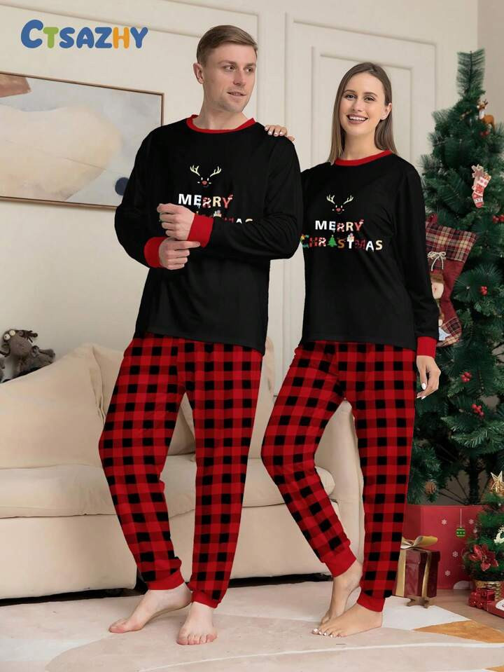 2pcs Women's Christmas Casual Deer Antler Letter Print Long Sleeve Top & Plaid Long Pants Pajama ... | SHEIN