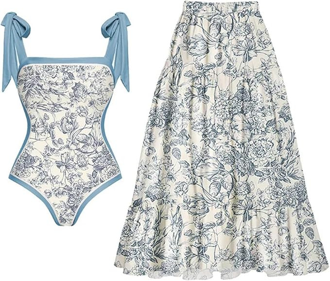 Women's One Piece Swimsuit Tummy Control Bathing Suit with Beach Cover up Wrap Skirt Two Piece Fl... | Amazon (US)