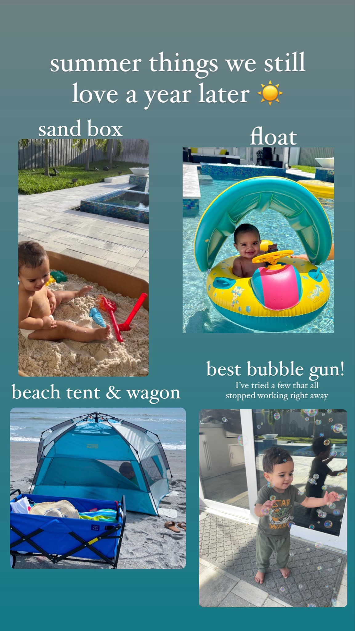 spring & summer fun ☀️
pictured items and other favorites linked below⛱️

sandbox. child float. beach tent. beach wagon. child bicycle seat. insulated lunch bag. bubble gun. swimsuit. toddler sandals. spring fun. summer fun. baby finds. toddler finds. 

#LTKkids #LTKbaby #LTKSeasonal
