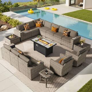Loomcraft 16 Pieces Wicker Outdoor Patio Rectangular Fire Pit Set and Swivel Rocking Chairs with Dark Gray Cushions | The Home Depot