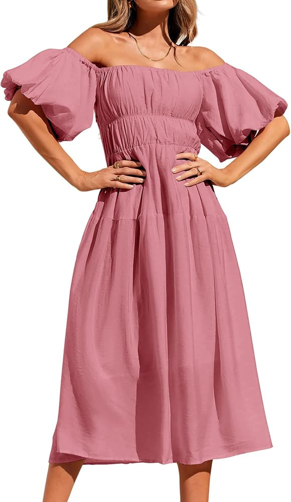 XUBA Women's 2023 Boho Off Shoulder Dress Puff Short Sleeves Flowy A Line Beach Party Midi Dresse... | Amazon (US)