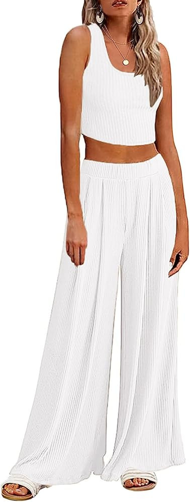 Ekouaer Women's 2 Piece Lounge Sets Ribbed Knit Crop Top Wide Leg Pants with Pockets S-XXL | Amazon (US)