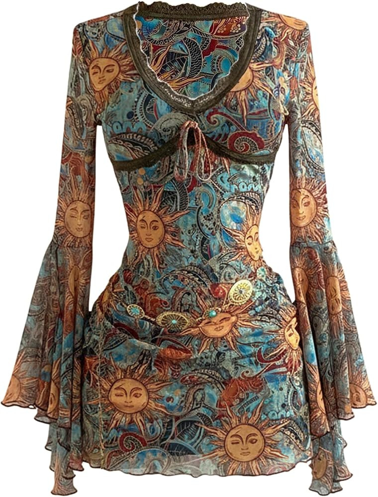 Floerns Women's Boho Western Mini Dress Floral Country Mesh Bell Sleeve Vintage Dresses | Amazon (US)