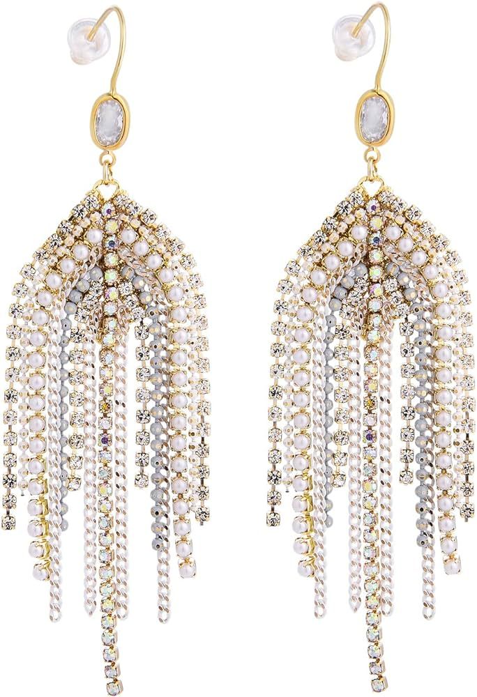 UTTMO Fringe Chandelier Drop Dangle Earrings For Women, Boho Long Handmade Bohemian CZ Crystal Rh... | Amazon (US)