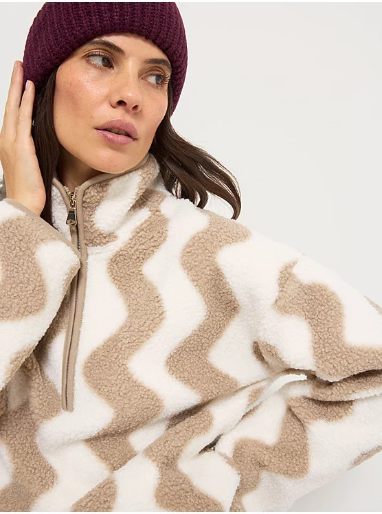 Cream Tan Printed Borg Fleece Zip Sweatshirt | George