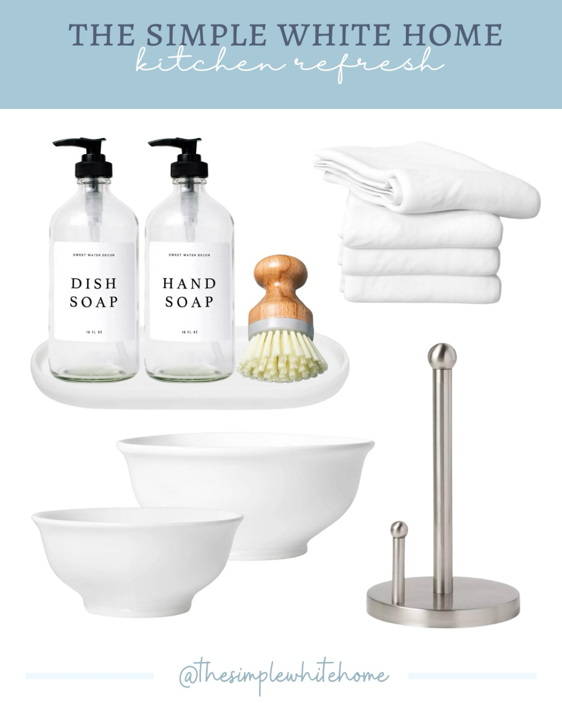 Simple kitchen counters.
.
Soap dispensers. Dish brush. Dish towels. Paper towel holder. Fruit bowl. 

#LTKhome #LTKfindsunder50 #LTKfamily