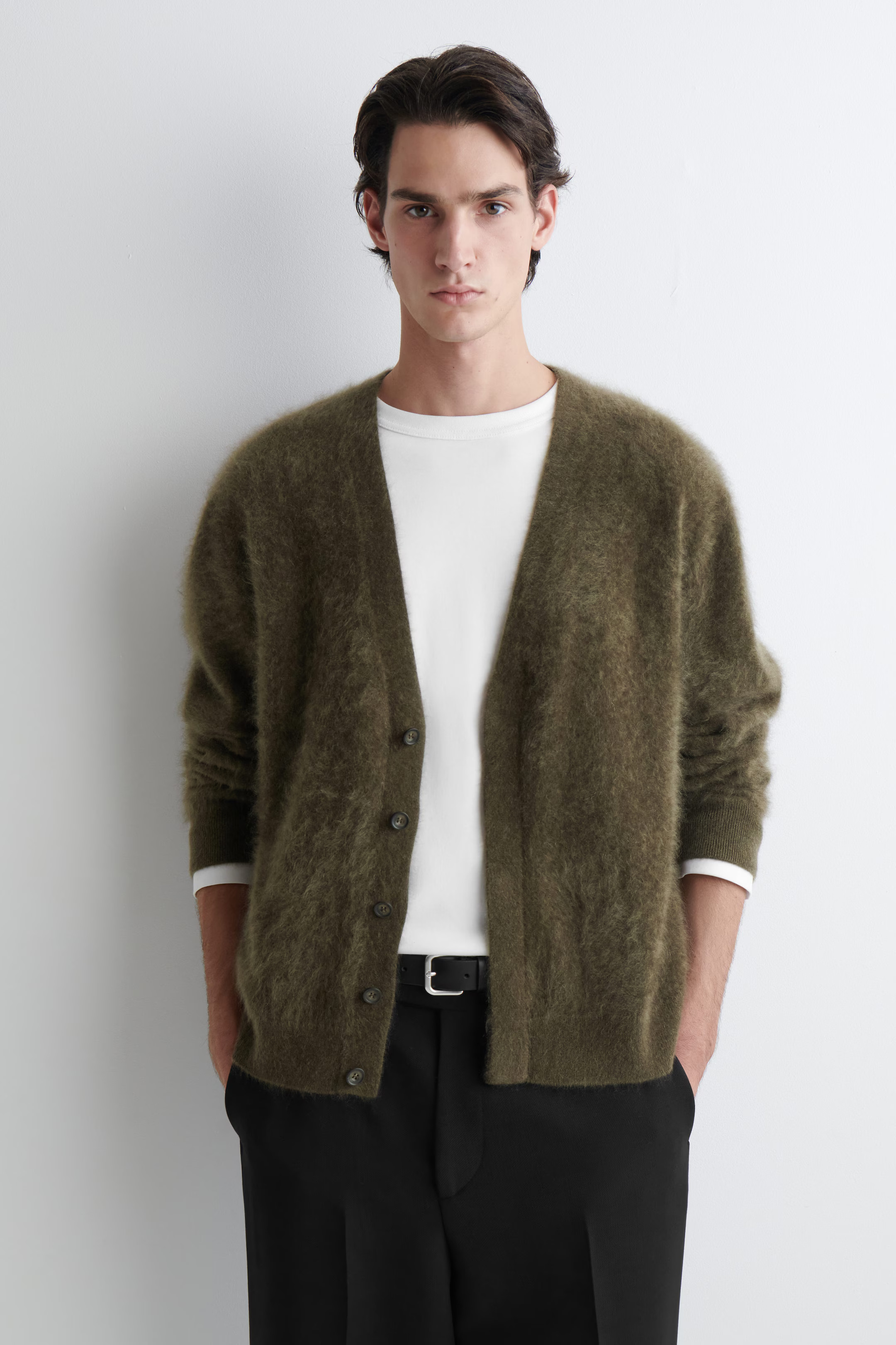 BRUSHED-CASHMERE V-NECK CARDIGAN - DARK KHAKI | COS GB | COS UK