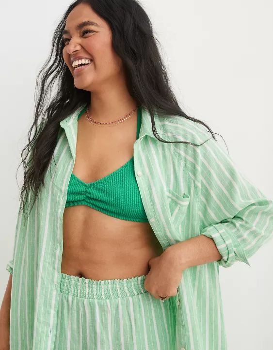 Aerie Pool-To-Party Linen Blend Cover Up Shirt | American Eagle Outfitters (US & CA)