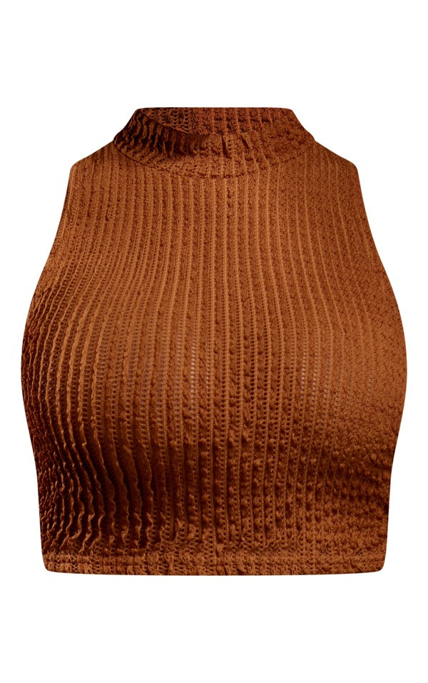 Brown Textured Rib High Neck Sleeveless Crop Top | Pretty Little Thing (Australia & New Zealand)