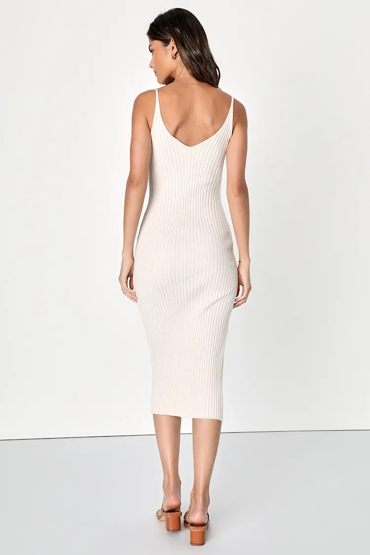 Confident Charisma Beige Ribbed Button-Front Midi Dress | Lulus