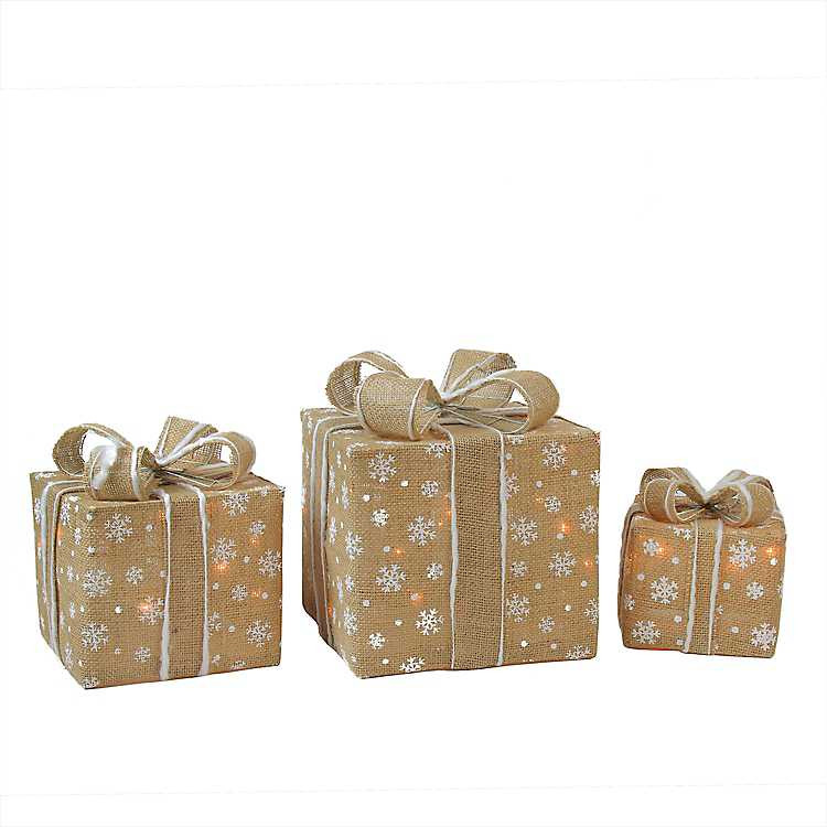 Burlap Snowflake Pre-Lit Christmas Gifts, Set of 3 | Kirkland's Home
