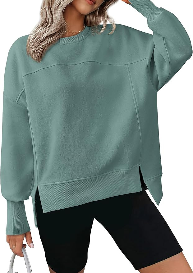 BTFBM Women's Casual Crewneck Sweatshirts 2026 Spring Long Sleeve Side Slit Workout Fleece Pullov... | Amazon (US)
