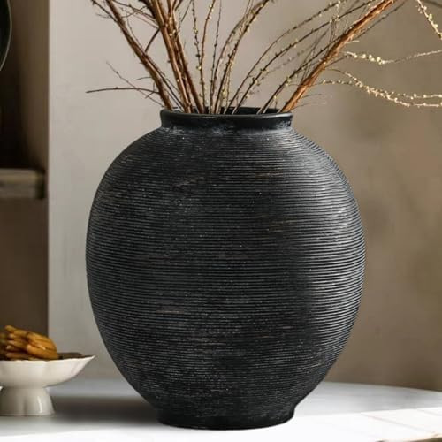 Black Ceramic Flower Vase Home Decor, Large Round Farmhouse Table Vases Rustic Vintage Living Room Entrway Kitchen Bedroom Decorations，Minimalist Hand-Made Textured Vase (9.8” H Black Bronze) | Amazon (US)