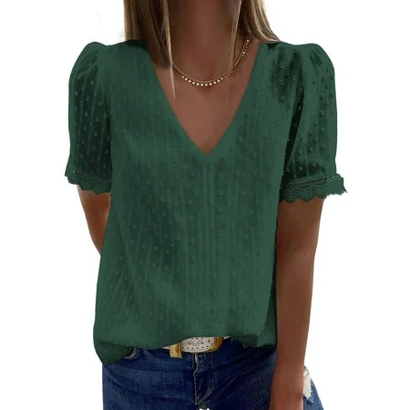 Xerarch Women s Green Blouses V Neck Swiss Dot Lace Short Sleeve Vintage Elegant Shirt Tops Size Lar | Walmart (US)