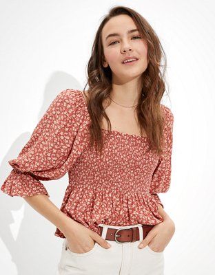 AE Smocked Square Neck Babydoll Top | American Eagle Outfitters (US & CA)